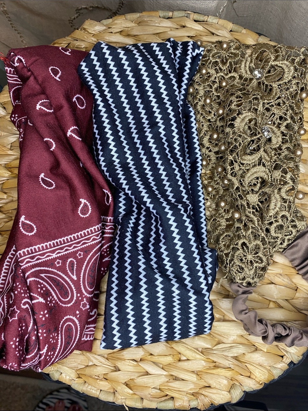 Lot of 3 Headwraps - Burgundy, Black/White, Beige jeweled